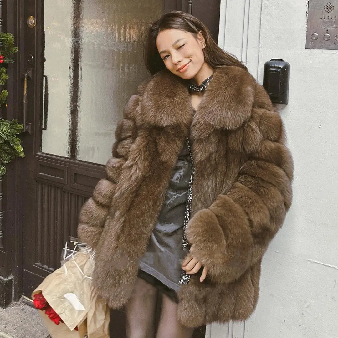 High Quality Women Natural Fox Fur Jacket Lapel Collar Dark Brown Genuine Fox Fur Coat Thick Warm Fur Overcoat Luxury Woman