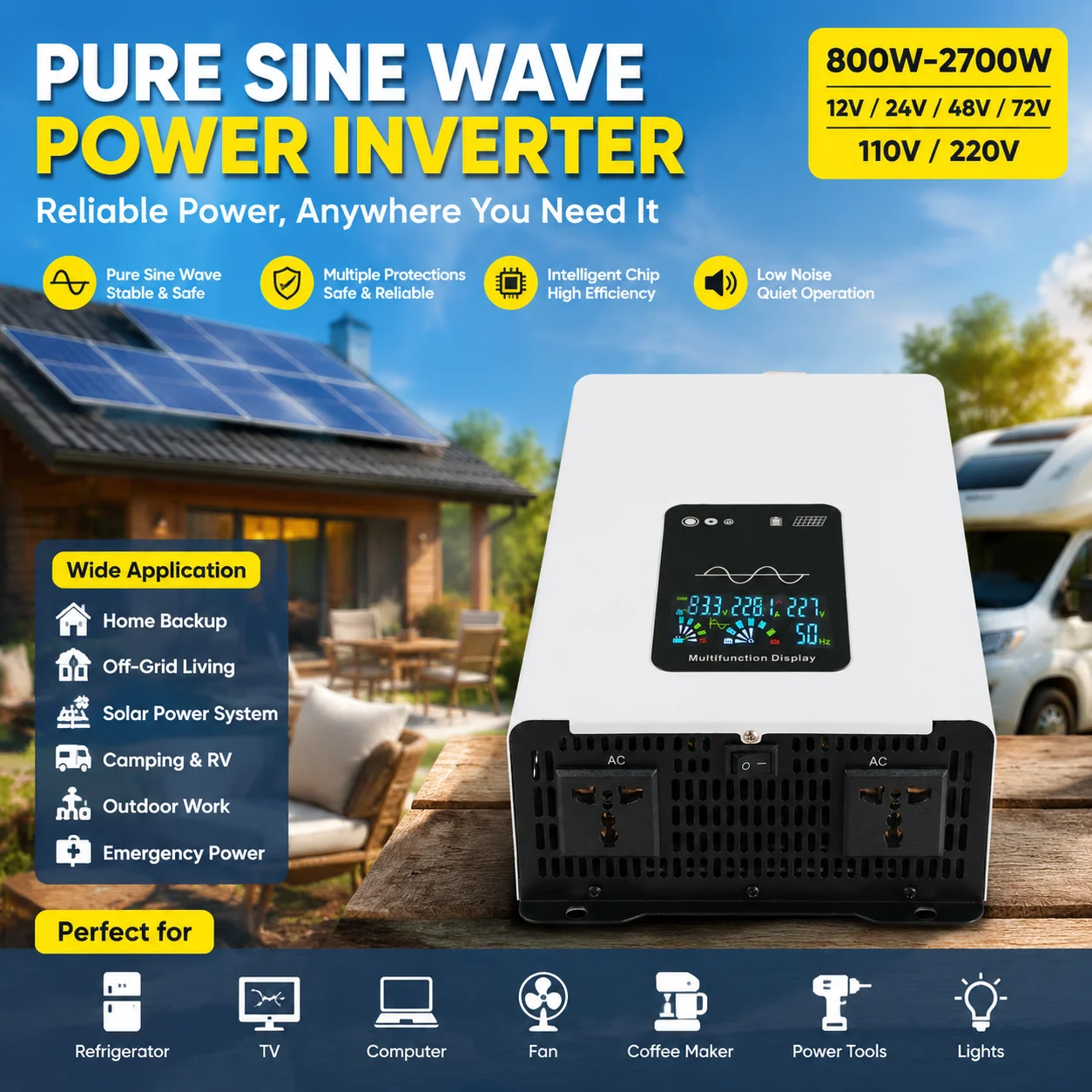 Off Grid Pure Sine Wave Power Inverter DC24V 48V To AC220V 4000W LCD Display Remote Control Solar Battery Energy Converter