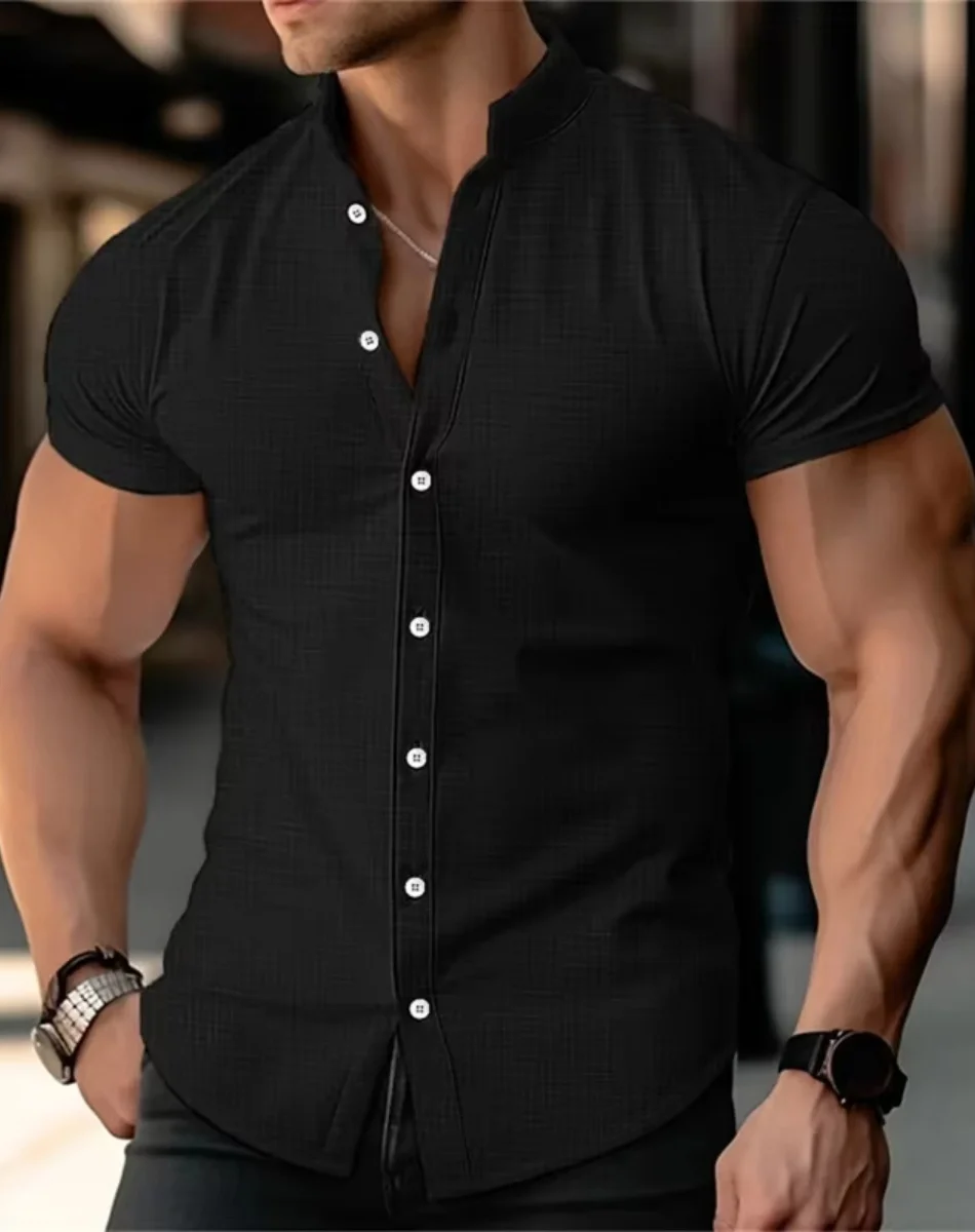 Летние мужские рубашки из хлопка и льна Повседневные рубашки с коротким рукавом Однотонные рубашки с лацканами и воротником-стойкой Формальные пляжные рубашки мужские Clo