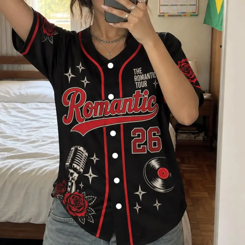 Bruno Mars The Romantic Tour 26 Baseball Jersey Rose Guitar Print Unisex Button-Up Short Sleeve Shirt Women Streetwear Fan Top