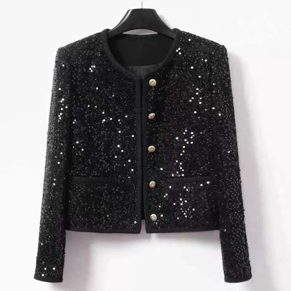 

Модная бархатная куртка с блестками для тяжелой промышленности для женщин, осень 202, маленький аромат, ветер, дизайн, тонкое пальто, женский элегантный черный топ