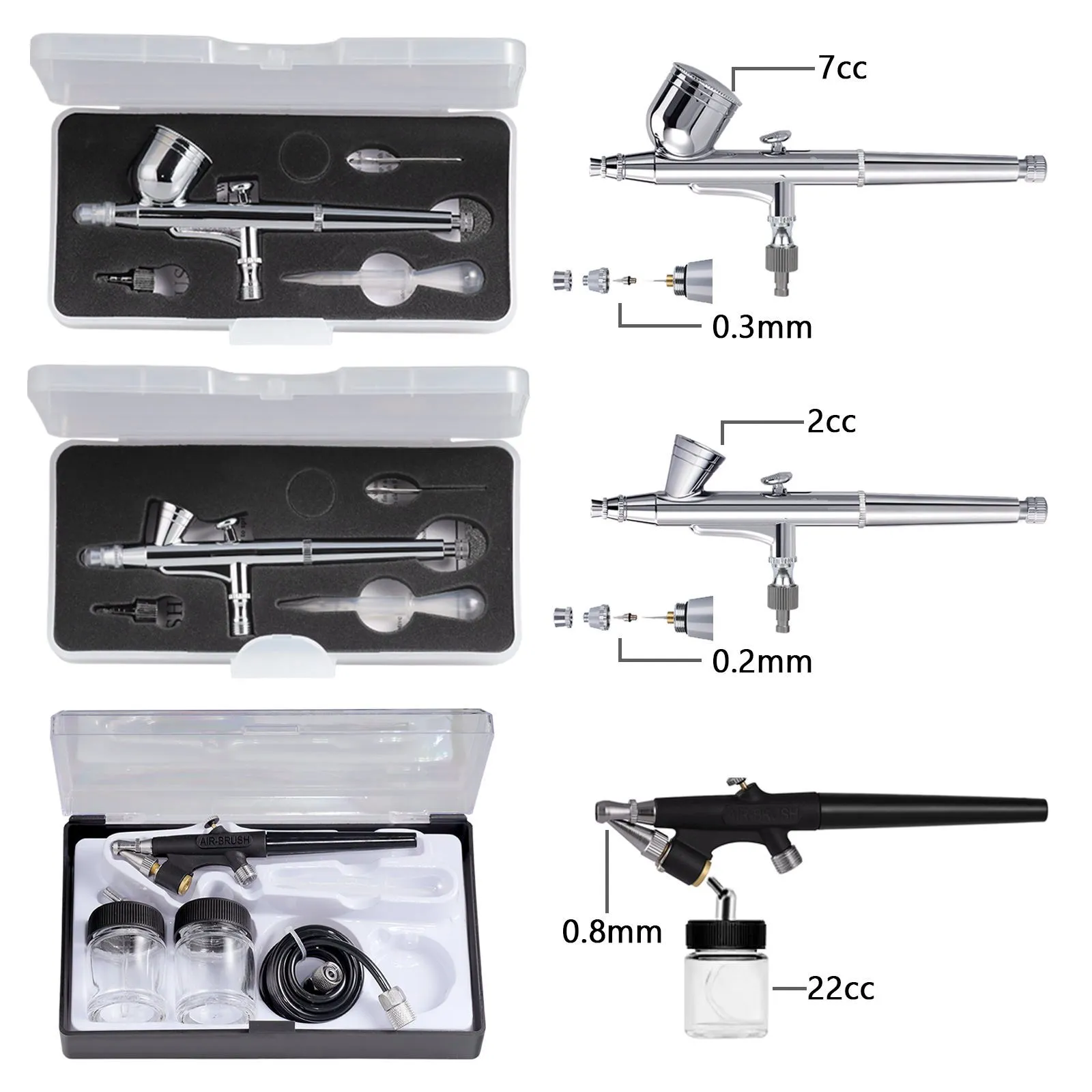 Airbrush Kit with Compressor 3 AirBrush Guns 0.2/0.3/0.8mm for Hobby Tattoo Nail Art Paint and Airbrush Accessories Cleaning Kit