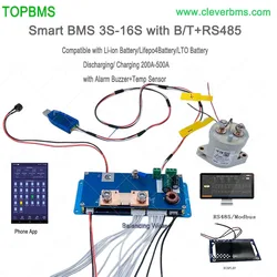 TOPBMS LiFePo4 BMS 300A 500A 600A 4S 12V 8S 24V 12S 36V 15S 16S 48V 200A Bluetooth RS485 Modbus LiFePo4 Battery Ebike Ecar