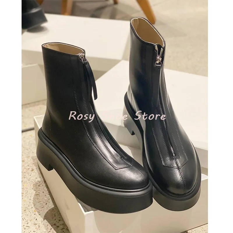 

Women's Round Toe Front Zipper Ankle Boots Brown Suede Black Leather Platform Knight Boots Casual Office Suit Match Flat Boots