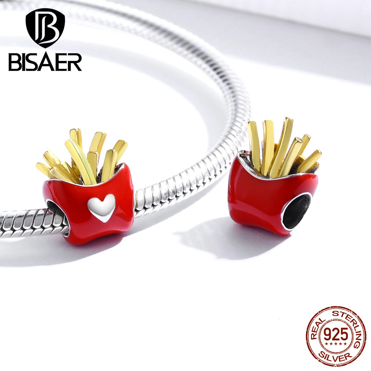 BISAER 925 Sterling Silver Golden Cheese Charm Delicious French Fries Iced Cola Pendant Fit DIY Bracelet Necklace Jewelry Fine