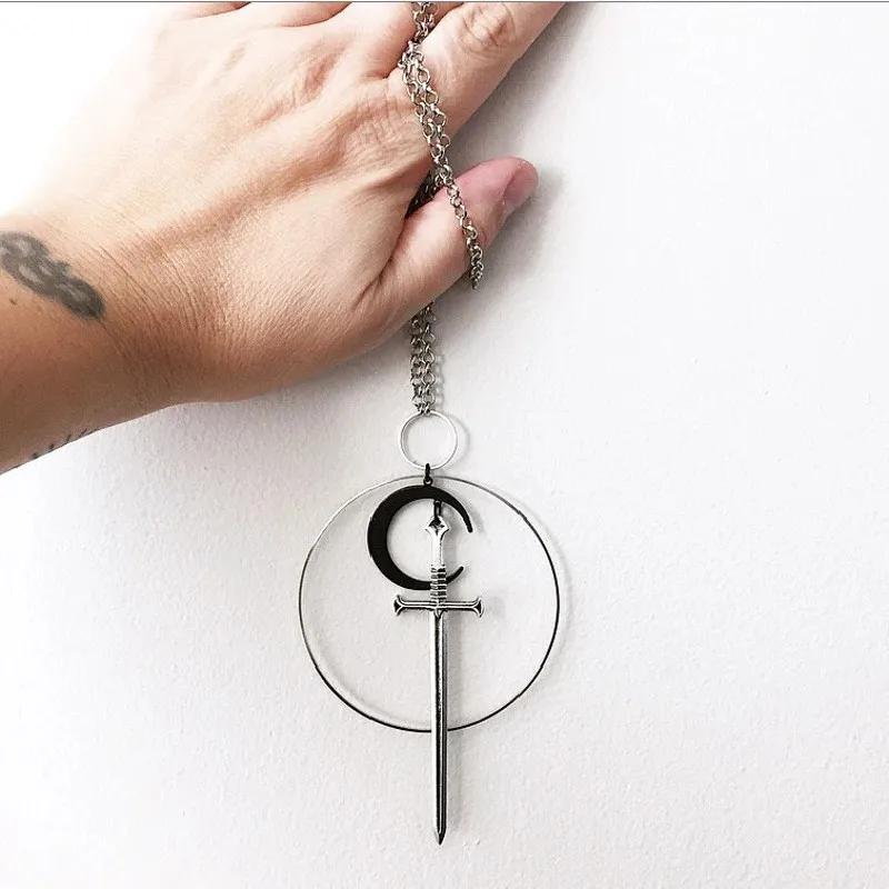 Letter Openr Envelope Opener Black Moon Sword Necklace Goth Fantasy Medieval Witchy Cosplay Statement Jewelry Classical Pendant