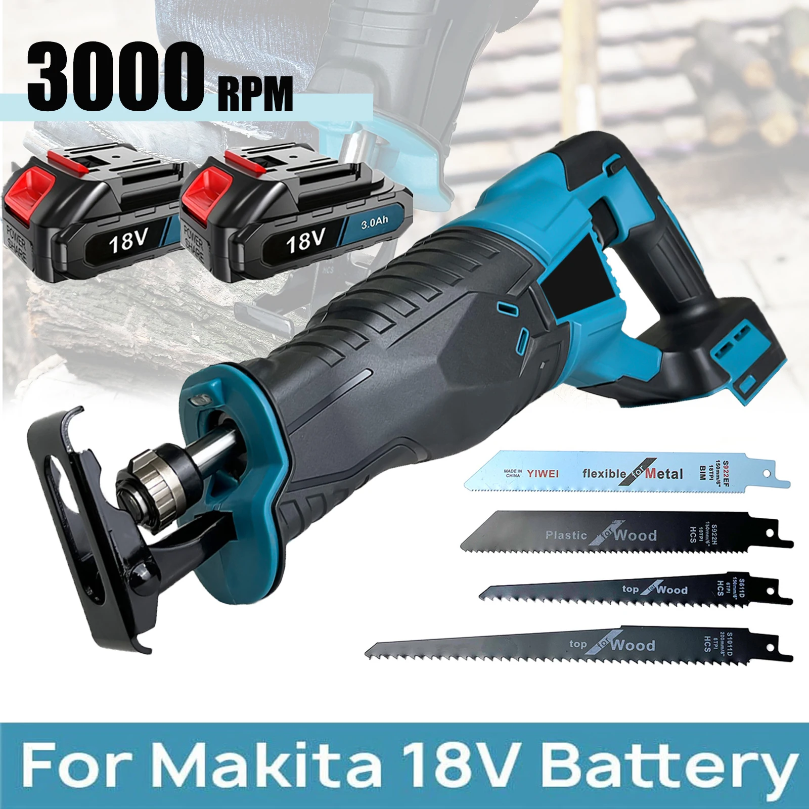 Scie alternative sans fil pour la coupe du bois/métal avec 4 lames de remplacement pour batterie Makita 18v (batterie 2 pièces)
