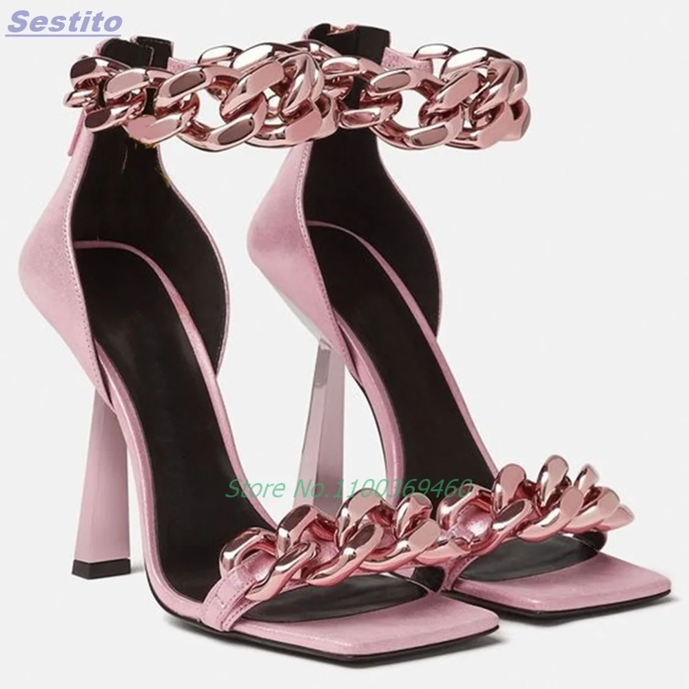 Metal Chunky Chain Square Toe Sandals Stiletto High Heels Back Zipper Ankle Strap Solid Color Cover Heel Sexy Women Shoes Modern