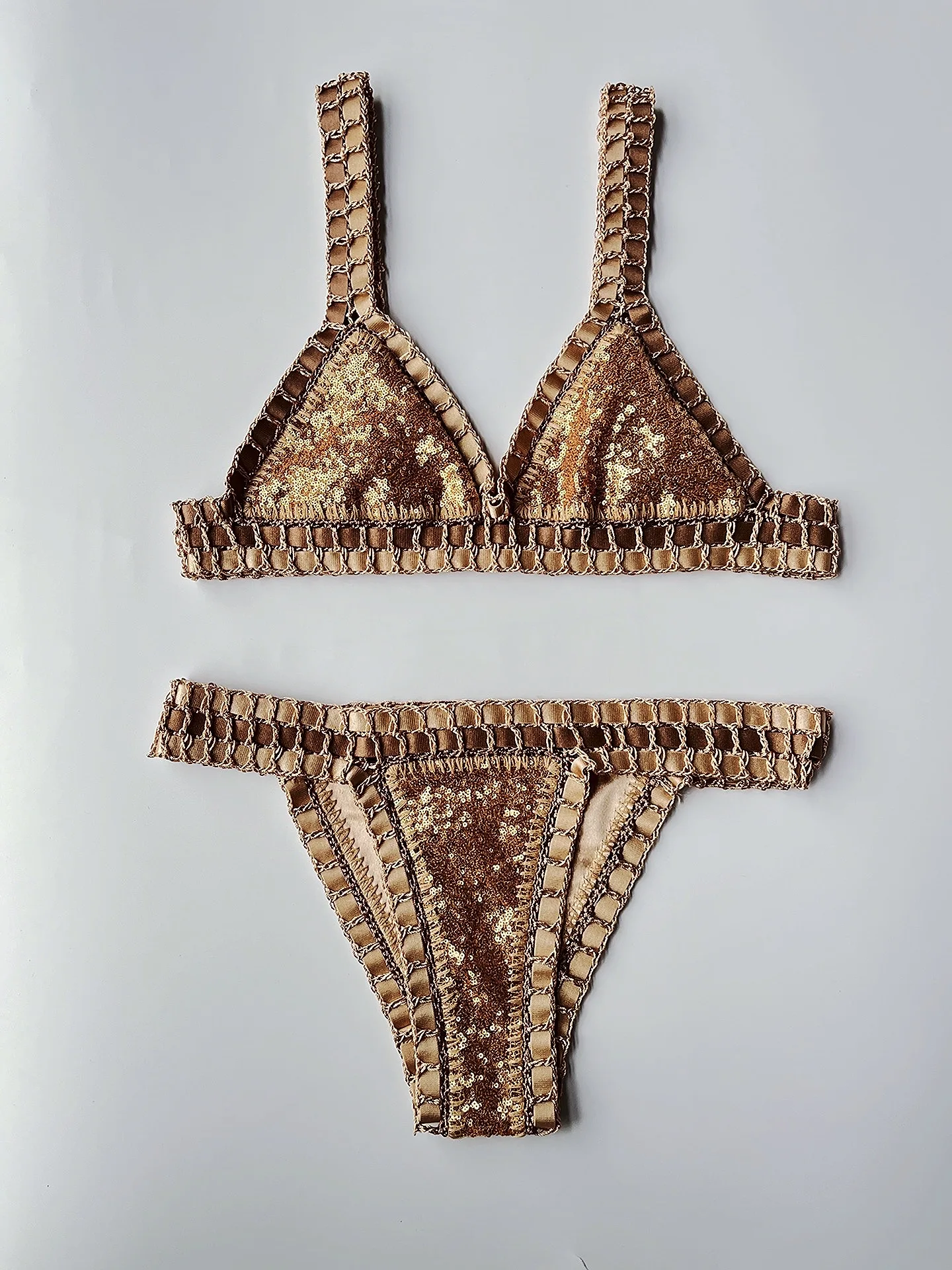 Luxury Gold Sequin Handmade Crochet Bikini Set Women Triangle Swimwear 2026 Summer Beach Bathing Suit Party Pool Vacation Wear view 3