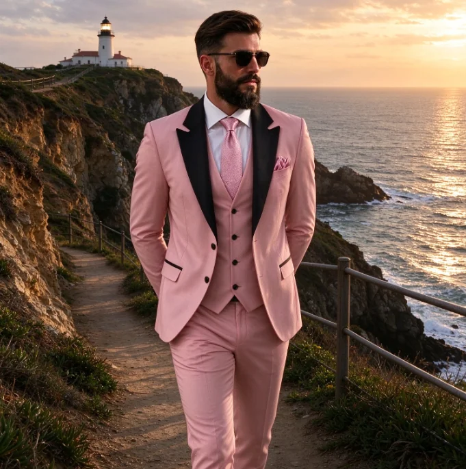 Men Pink 3 Piece Suit Set Black Piping Lapel Tuxedo Jacket Vest Pants Wedding Groom Formal Suit Customizable No Extra Fee