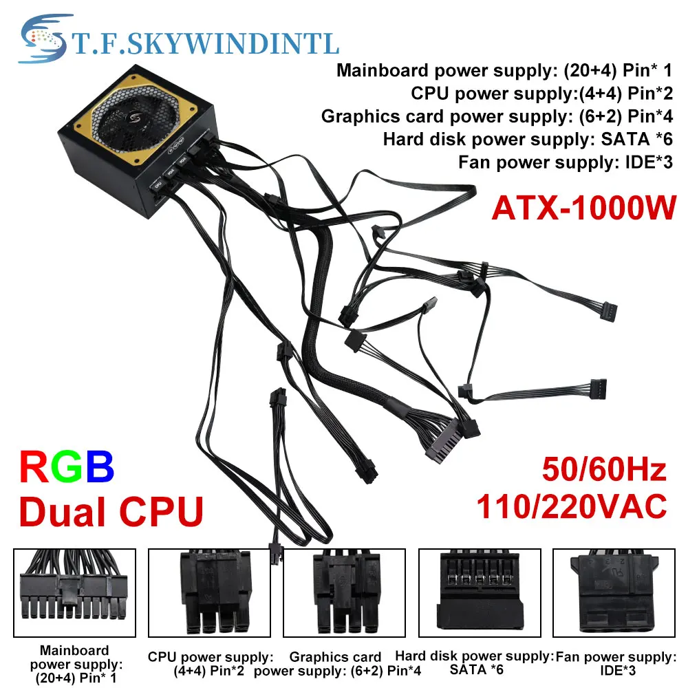 T.F.SKYWINDINTL 1000 watt PC Power Supply 1000W Fully Modular ATX Computer PSU For ATX Desktop Gamer Power Source