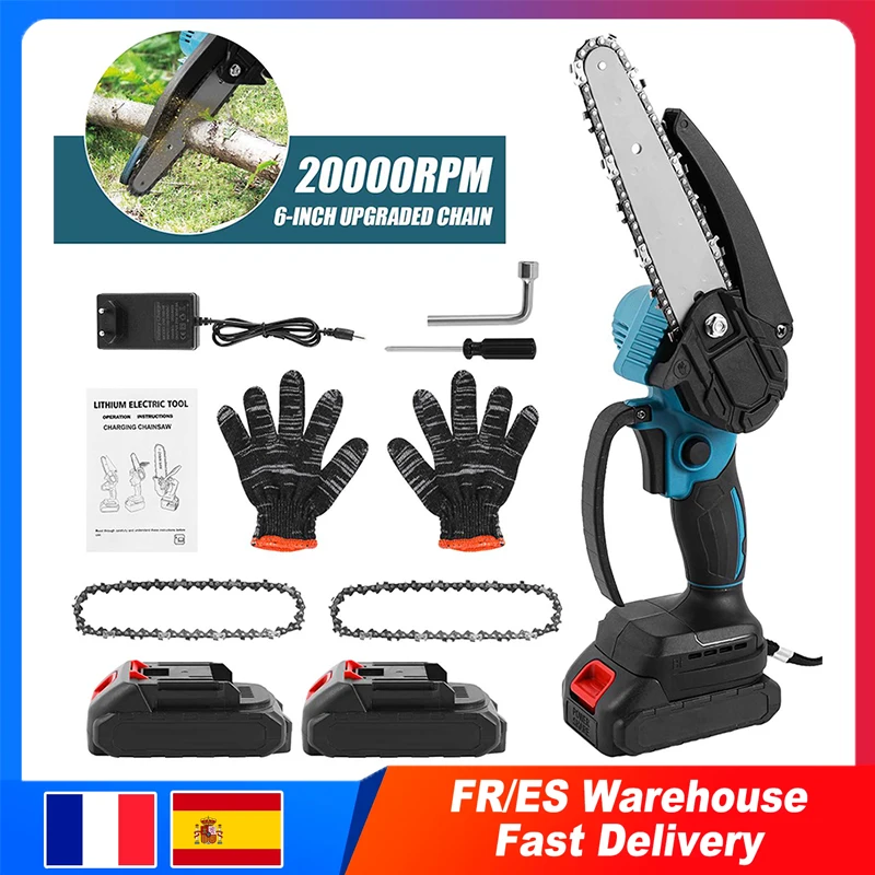 6-Inch Mini Cordless Chainsaw Powerful 20000RPM Electric Saw Garden Woodworking Cutting Power ToolsWith 2PCS 21V Lithium Battery