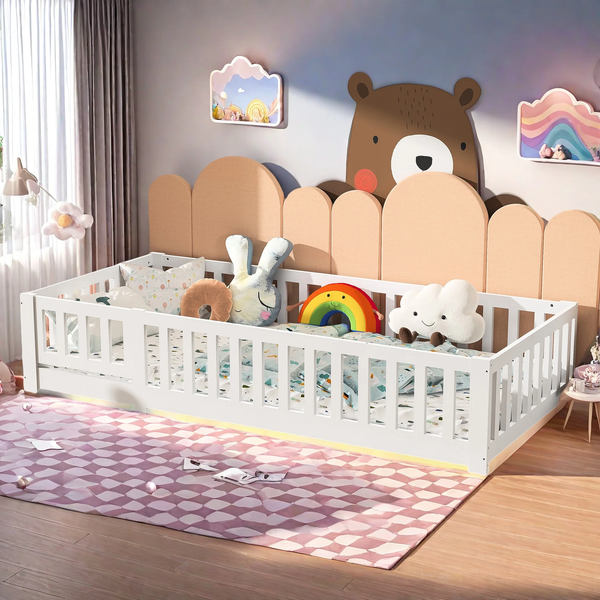 Rosahqnda Letto per bambini anti-stupro 90x200 cm Letto da terra Montessori in legno massello di pino per ragazzi e ragazze Bianco