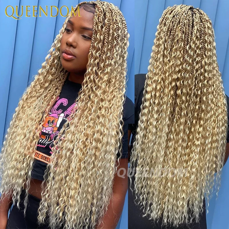 Full Lace Bohemian Braid Wig Synthetic 32 Inch Box Braids Goddess Wig With Curly Hair Ombre Blonde 613 Cornrow Jumbo Braided Wig