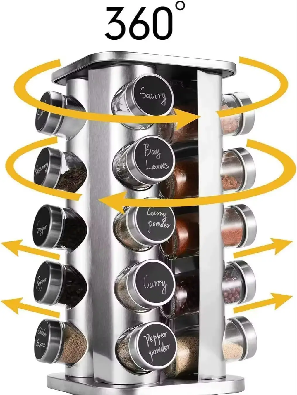 Gewürzgläser-Set - Quadratisches Gewürzregal mit 20 Gewürzgläsern, 360° °   Drehbarer Gewürzständer, Runde Edelstahl-Gewürzdosen mit Deckel