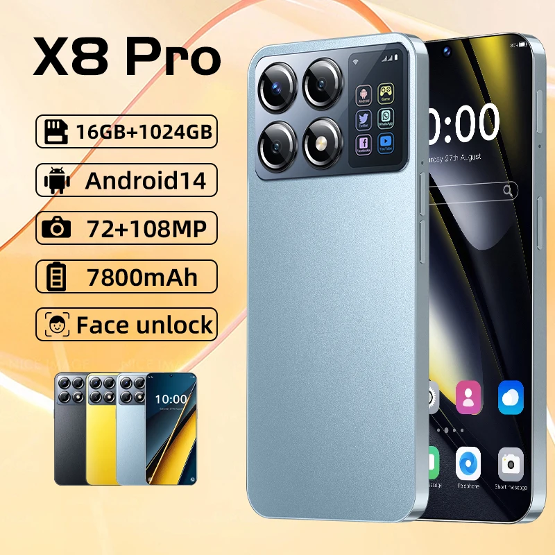 

2025 NEW Mobile Phones X8 Pro 7.3 HD Screen SmartPhone 16G+1T 5G Dual Sim Celulares Android Unlocked 108MP 7800mAh Cell Phone