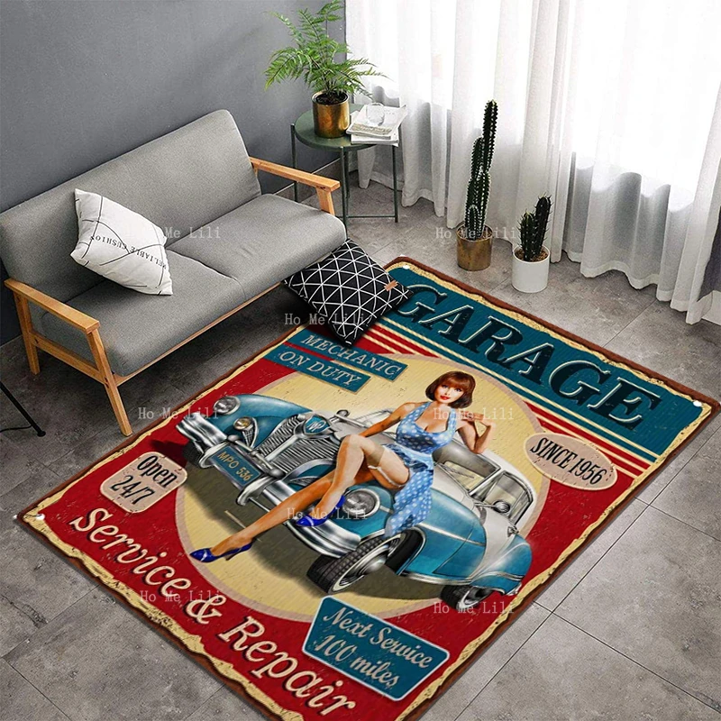 Retro Car And Pin Up Girl Classic Advertising Lingerie Beauty Bikini American Motor Rider Soft Flannel Floor Rug By Ho Me Lili