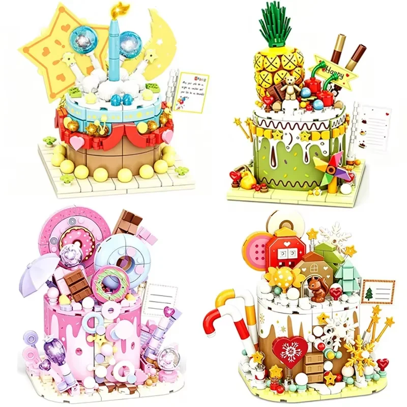 Pink Pineapple Surprise Cake MOC Heart Shaped Building Blocks DIY Model Toy for Girls Birthday Party Decoration Gift