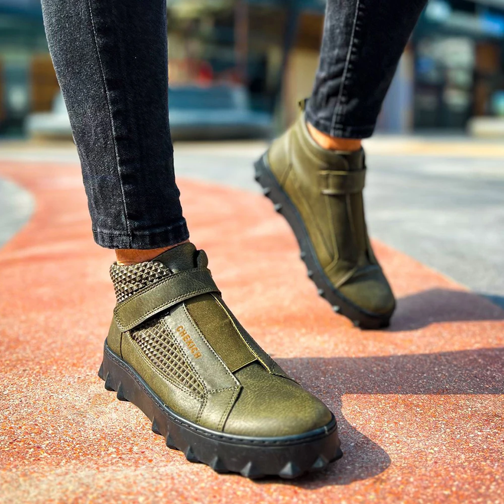 FOH Store Men Boots Shoes GREEN Artificial Leather Elastic Band Sneakers 2023 Comfortable Flexible Fashion Wedding Orthopedic Walking Sport Lightweight Odorless Running Breathable Hot Sale Air New Brand Boots 103