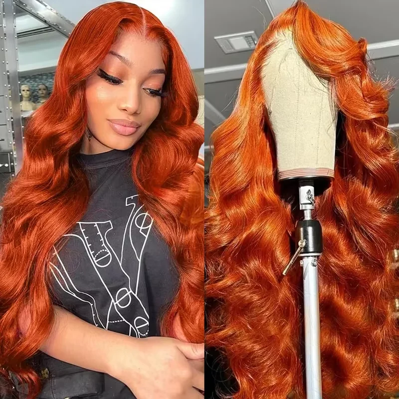 Wig Rambut Asli Ginger Orange Body Wave 13x6 HD Lace Front, Kepadatan 250, Pre Plucked, Remy Hair