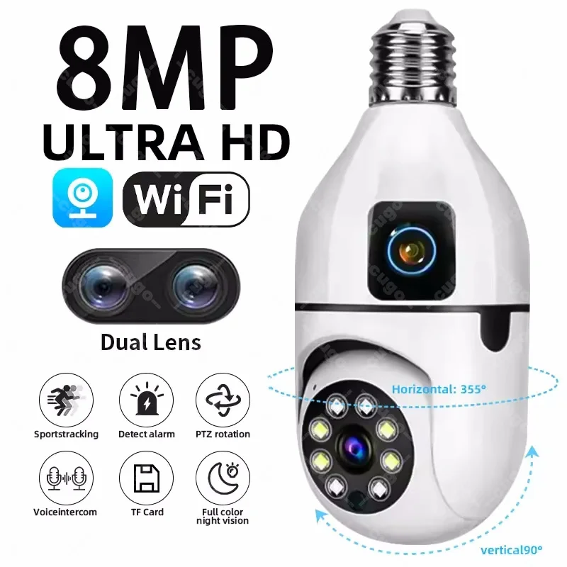 8MP Bulb E27 Surveillance Camera Dual Lens HD Color Night Vision Automatic Human Tracking Smart Home Security Monitor Wifi Cam