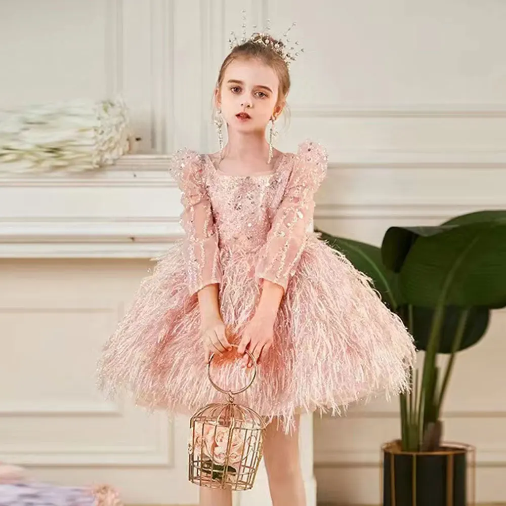 Dreamy Vow J161 Elegant Pink White Yellow Baby Girl Dress Long Sleeves Feather for Kids Holiday Princess Party Short Ball Gown