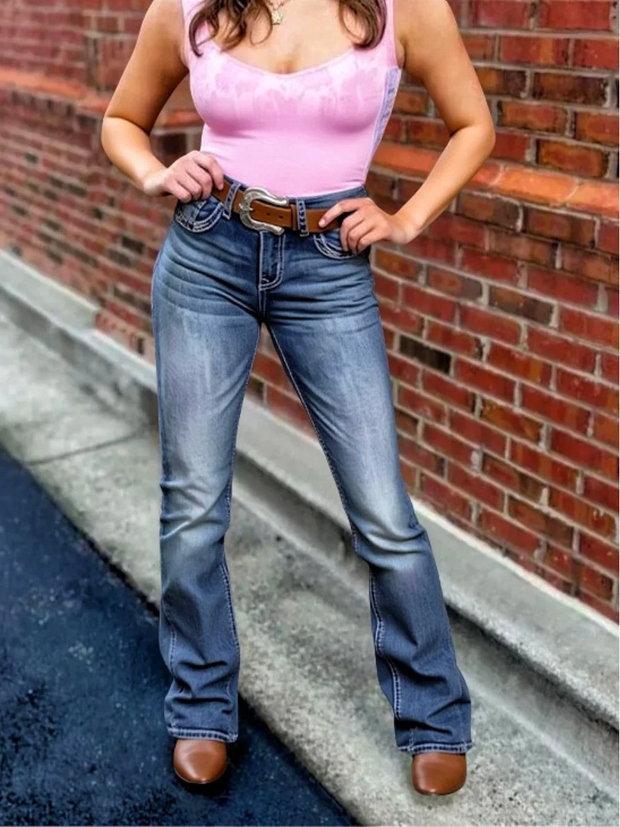 

【HME】Women's Elegant Back Pocket Bootcut Jeans - Slim Fit Stretch Denim with Geometric Design, Mid-Rise, Machine Washable