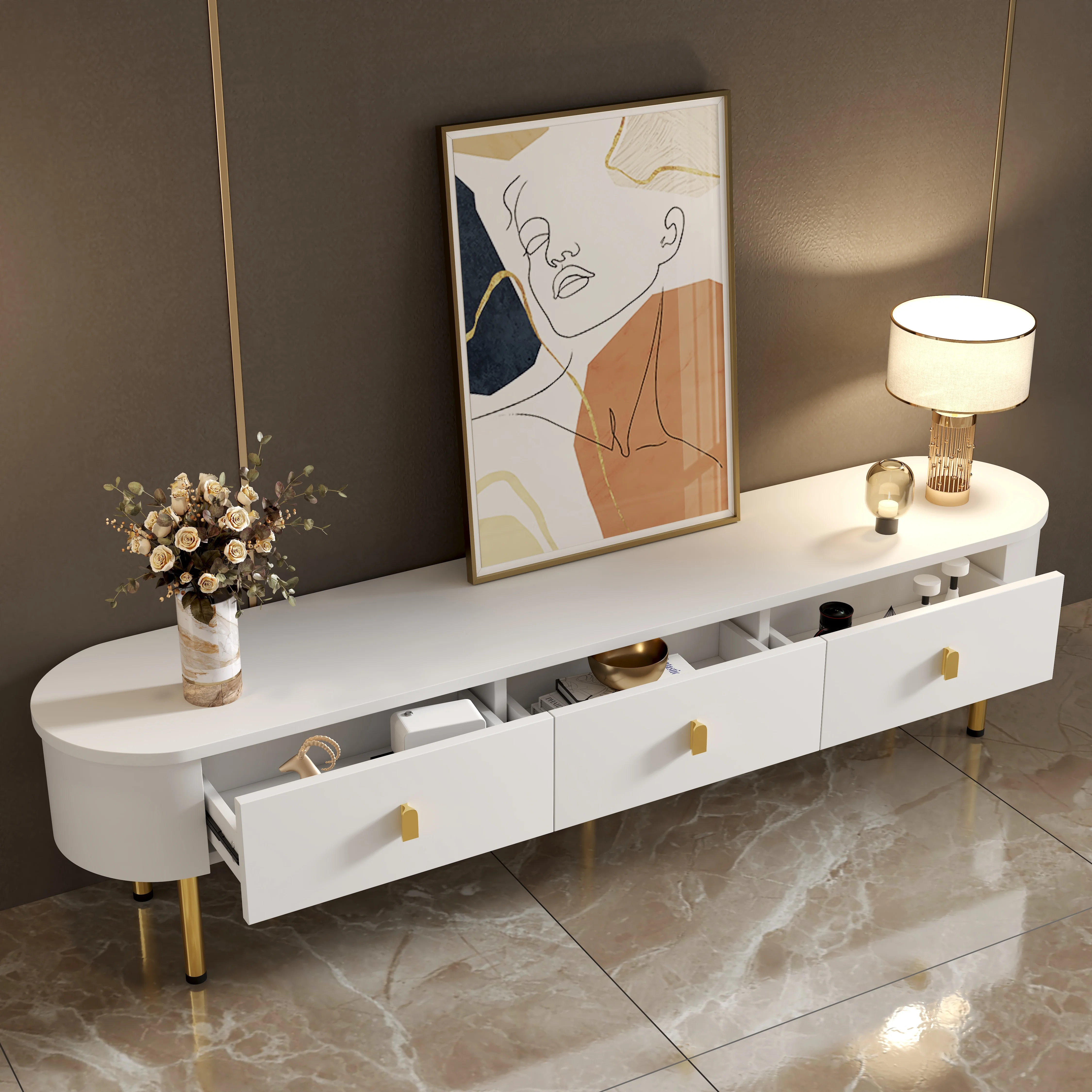 Meuble TV avec 3 tiroirs coulissants et bords arrondis, structure stable, pour salon, rangement multimédia, MDF-Blanc