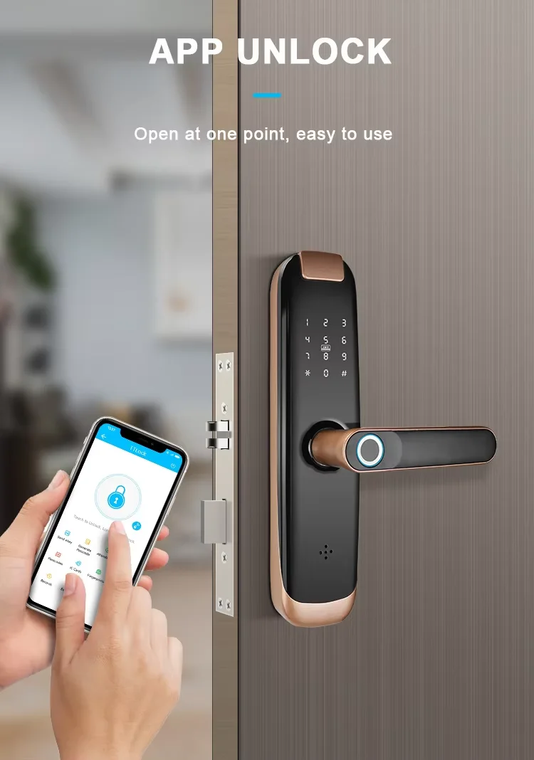 Tuya App Digital Door Lock Electronic Keyless Fingerprint Smart Handle Lock Wifi and Card Temporary Password Unlocking