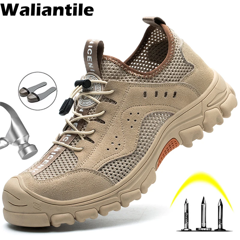 Waliantile Summer Breathable Men Safety Shoes Anti-smashing Industrial Working Boots Indestructible Puncture Proof Work Shoes