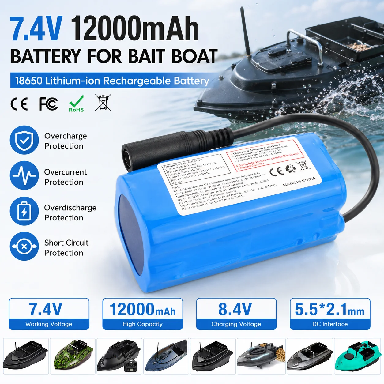 Batterie de bateau à appâts 7,4 V 12000 mAh, batterie lithium-ion rechargeable, certifiée CE, 18650, haute capacité, universelle, pour bateau à appâts de pêche