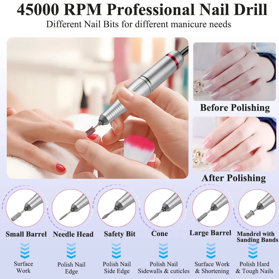 Nuovo set di trapani elettrici professionali per unghie da 45000 giri/min con punte da trapano per unghie da 3 pezzi per lucidatura e lucidatura delle unghie in gel