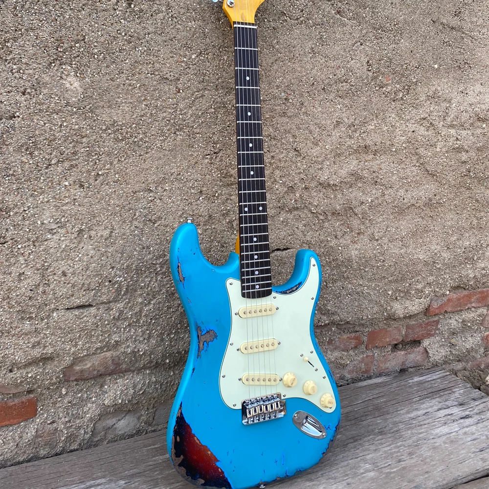 

Handmade Relic ST Electric Guitar, Old Aged Quality Guitarra, Blue Color Mahogany Body, Maple Neck, Free Shipping