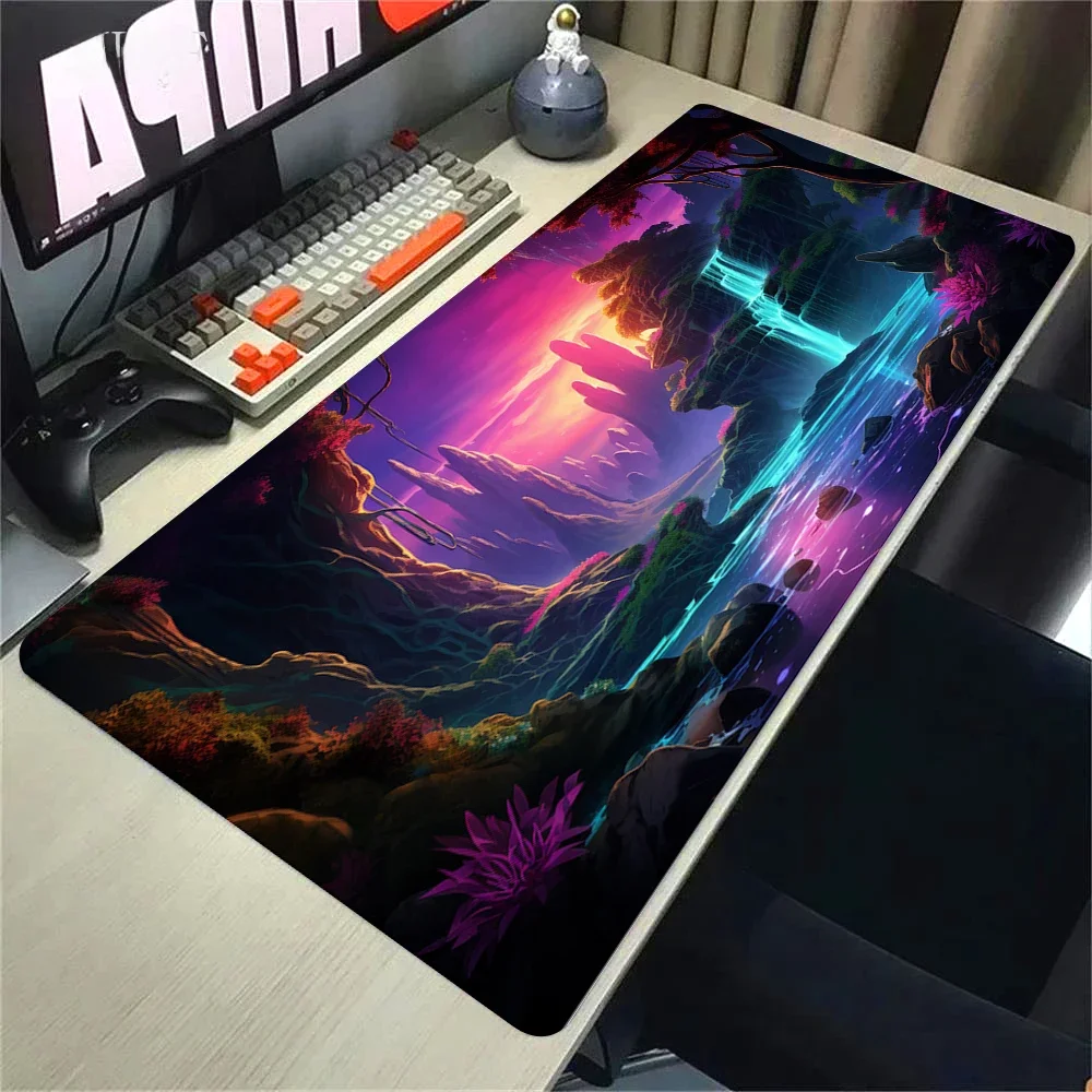 Tapis de souris paysage montagne coucher de soleil dessin animé tapis de Table société tapis de souris tapis de bureau esthétique grand Gamer tapis de souris antidérapant 100x50