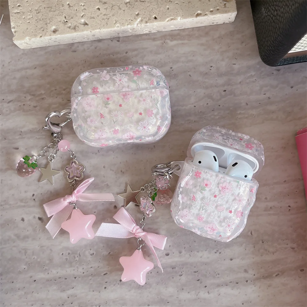 

New cute pink floral strap with hanging rope suitable for Apple Airpods 4 3 2 Pro 2 3 Bluetooth TPU headphone cover