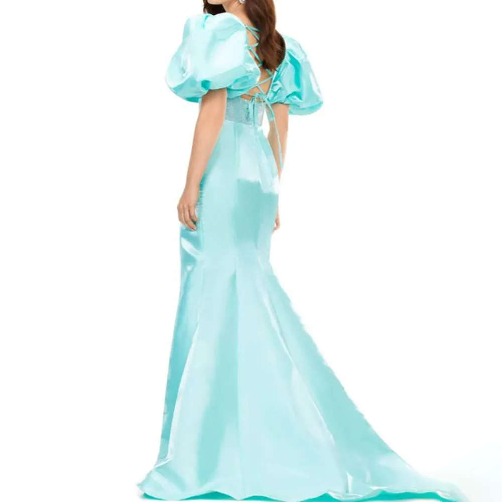 Trumpet Satin V Neck Cap Sleeves Empire Beading High Slit Sweep Train Prom Gown Vestido de Fiesta