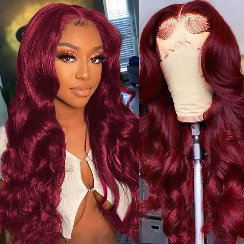 99j Burgundy Lace Front Wigs Human Hair   Wine Red Colored Body Wave Wigs 13x4 HD Transparent Lace Frontal Wigs for Women