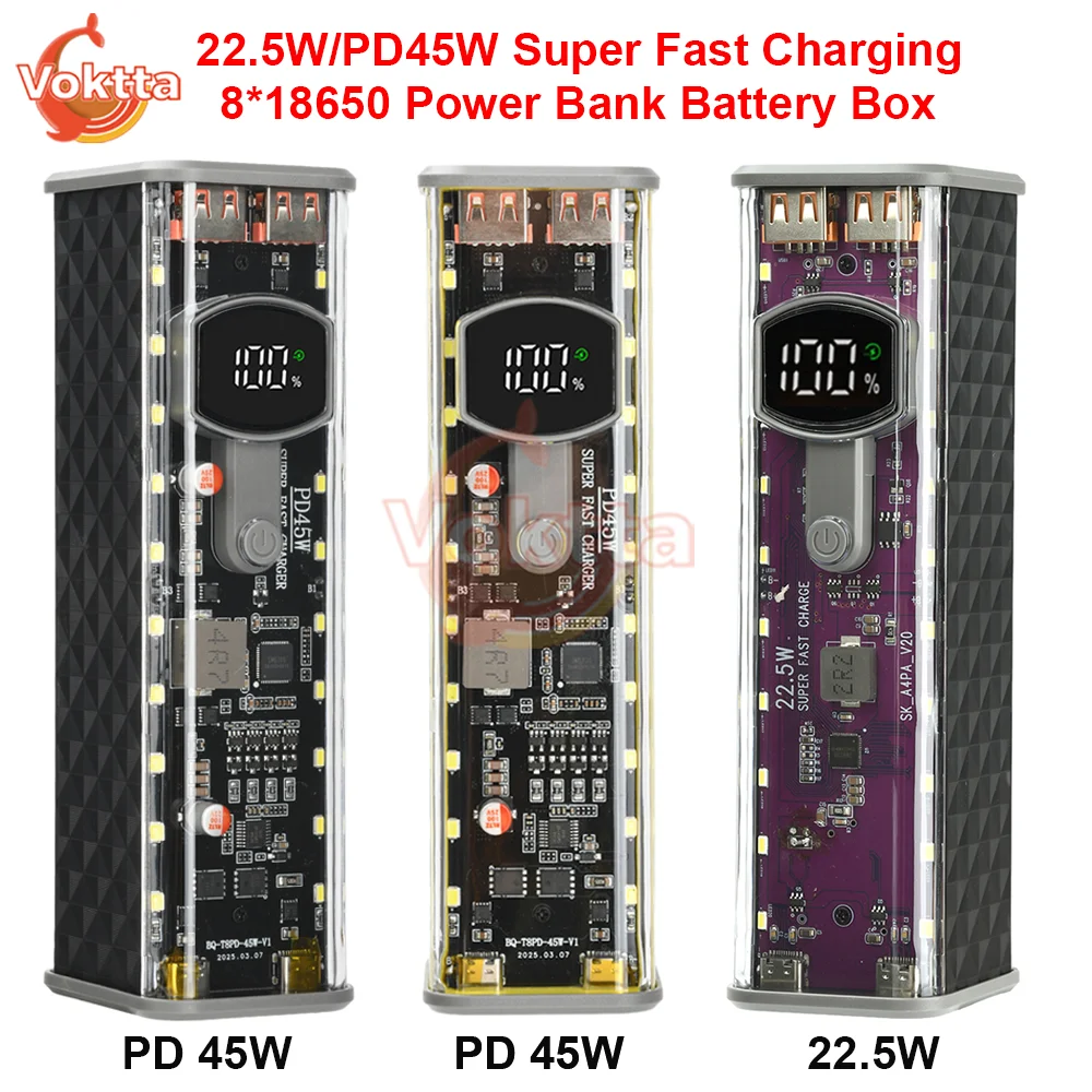

22.5W/PD45W Super Fast Charging Power Bank Shell DIY Kit 8*18650 Battery Box Transparent Battery Storage Case Welding-free