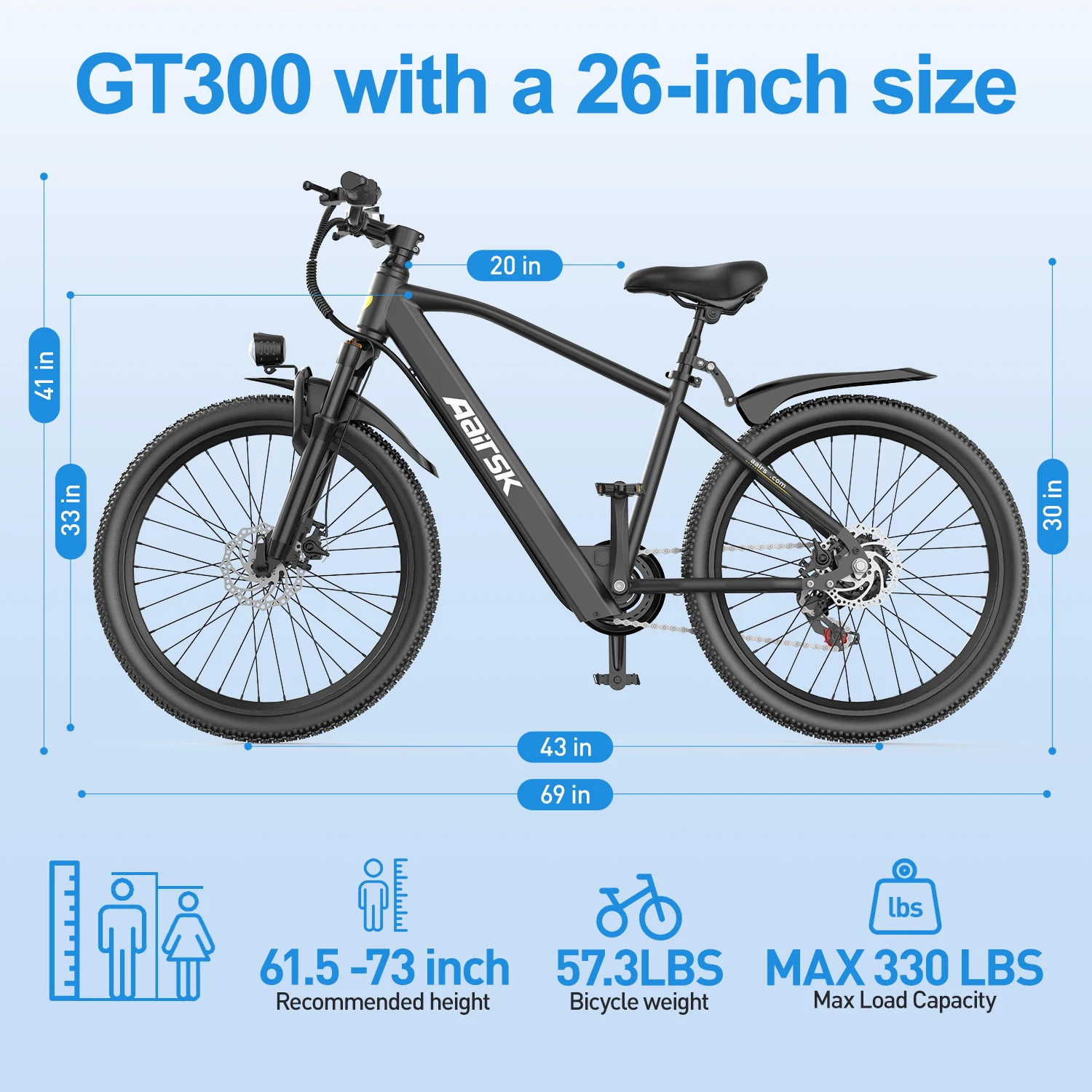 Aairsk Gt300 Elektrische Fiets voor Volwassenen, 36V 10Ah 7-versnellingen met NFC Smart Lock, 26" banden mountainbike met een bereik van 40-50 km, lichtgewicht off-road fiets voor mannen en vrouwen.