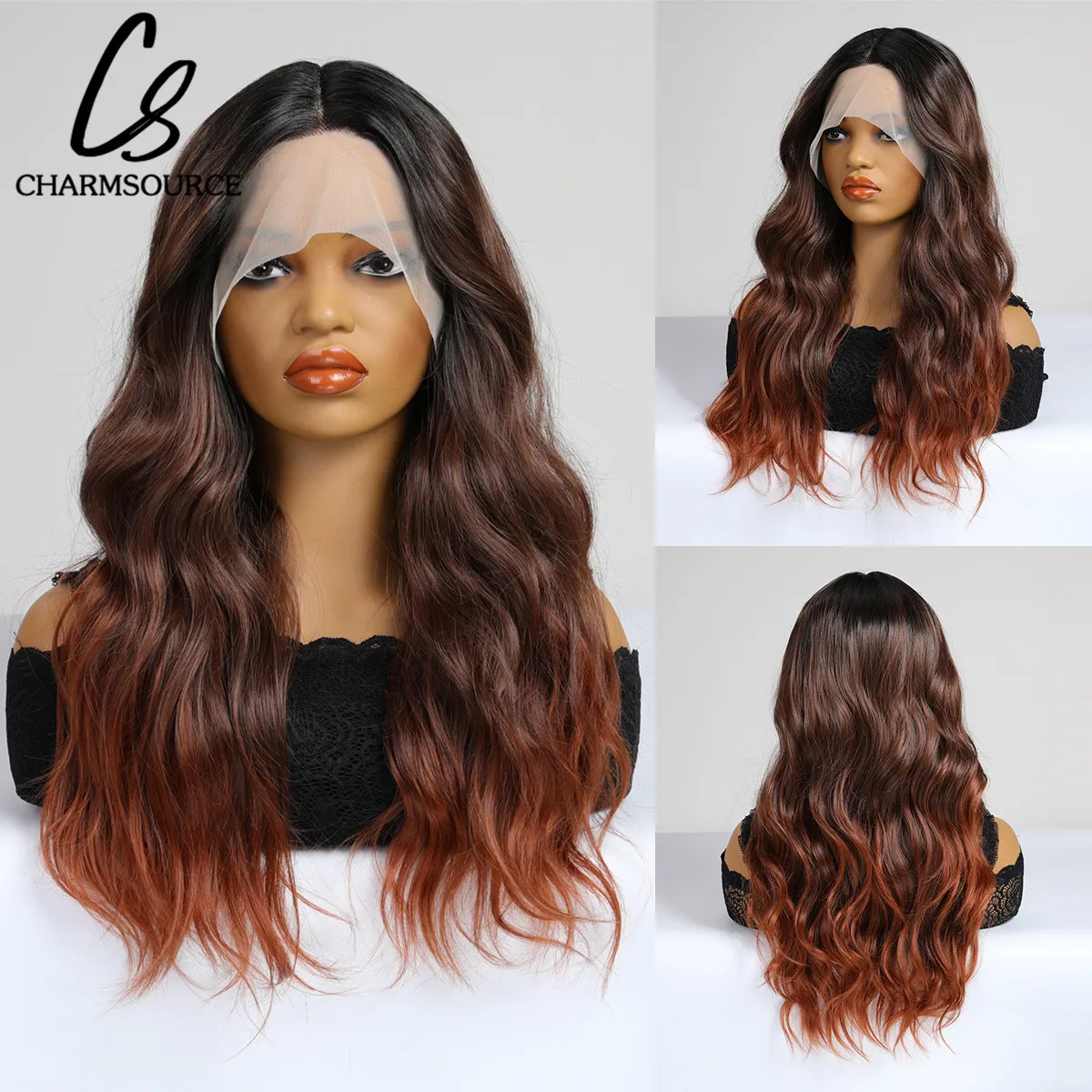 

CharmSource Lace Front Wigs Long Wavy Wigs Ombre Brown Orange Wigs Daily Party Wig for White Women Synthetic High Heat Resistant