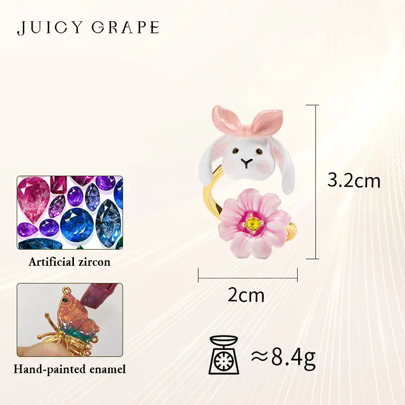 Juicy Grape Rabbit Ring For Women Pink Handmade Enamel Flower Ring Artifical Zircon Lovable Animal Party Fashion Jewelry Gifts