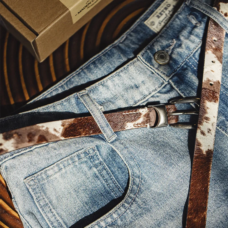 Maden Women’s Leather Belt Vintage Black Leopard Print Narrow Cowhide Belt with Pin Buckle Fashion Female Waist Accessories