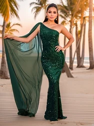 Romagic One Shoulder Sleeveles Sequin Wedding Prom Dress Green Long Shawl Elegant Cocktail Evening Party Dresses Summer Holidays