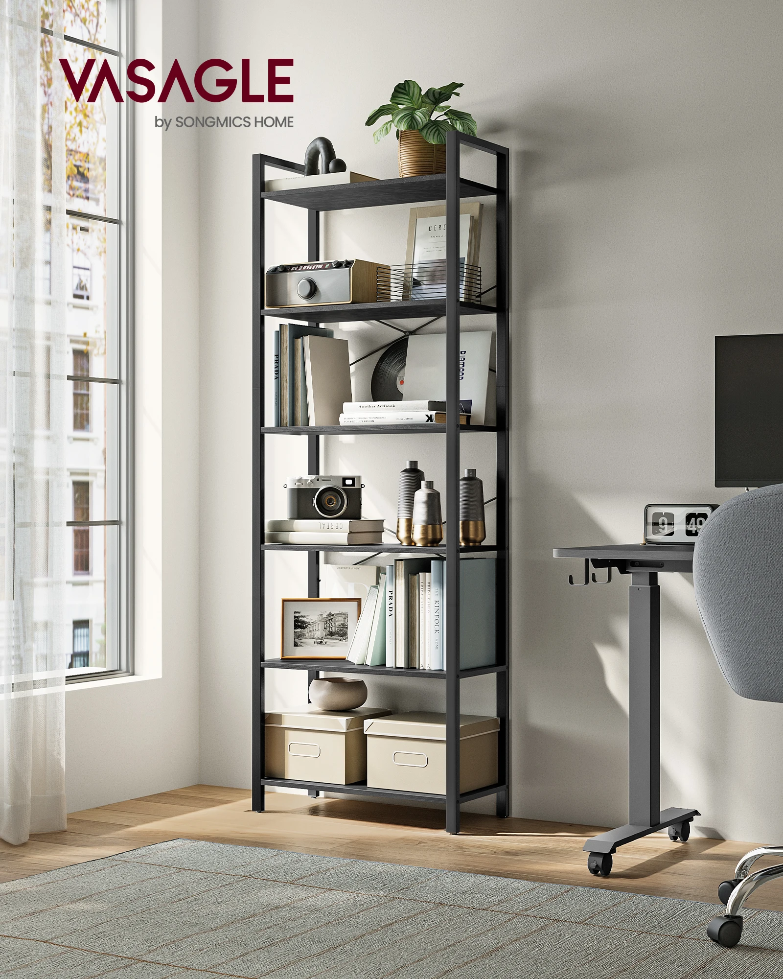 VASAGLE Bücherregal 6 Ebenen, Standregal mit Stahlrahmen, freistehendes Regal, Wohnzimmer