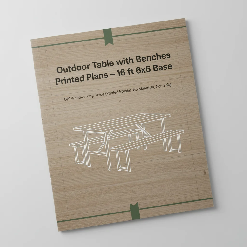 Outdoor Table with Benches Printed Plans – 16 ft 6x6 Base | DIY Woodworking Guide (Printed Booklet, No Materials, Not a Kit)