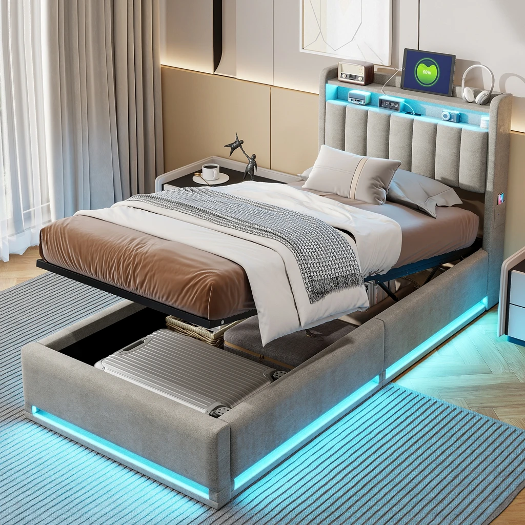 Łóżko tapicerowane 90x200 cm, Łóżko hydrauliczne z LED i USB, Łóżko młodzieżowe z podstawką na napoje, aksamitne, bez materaca