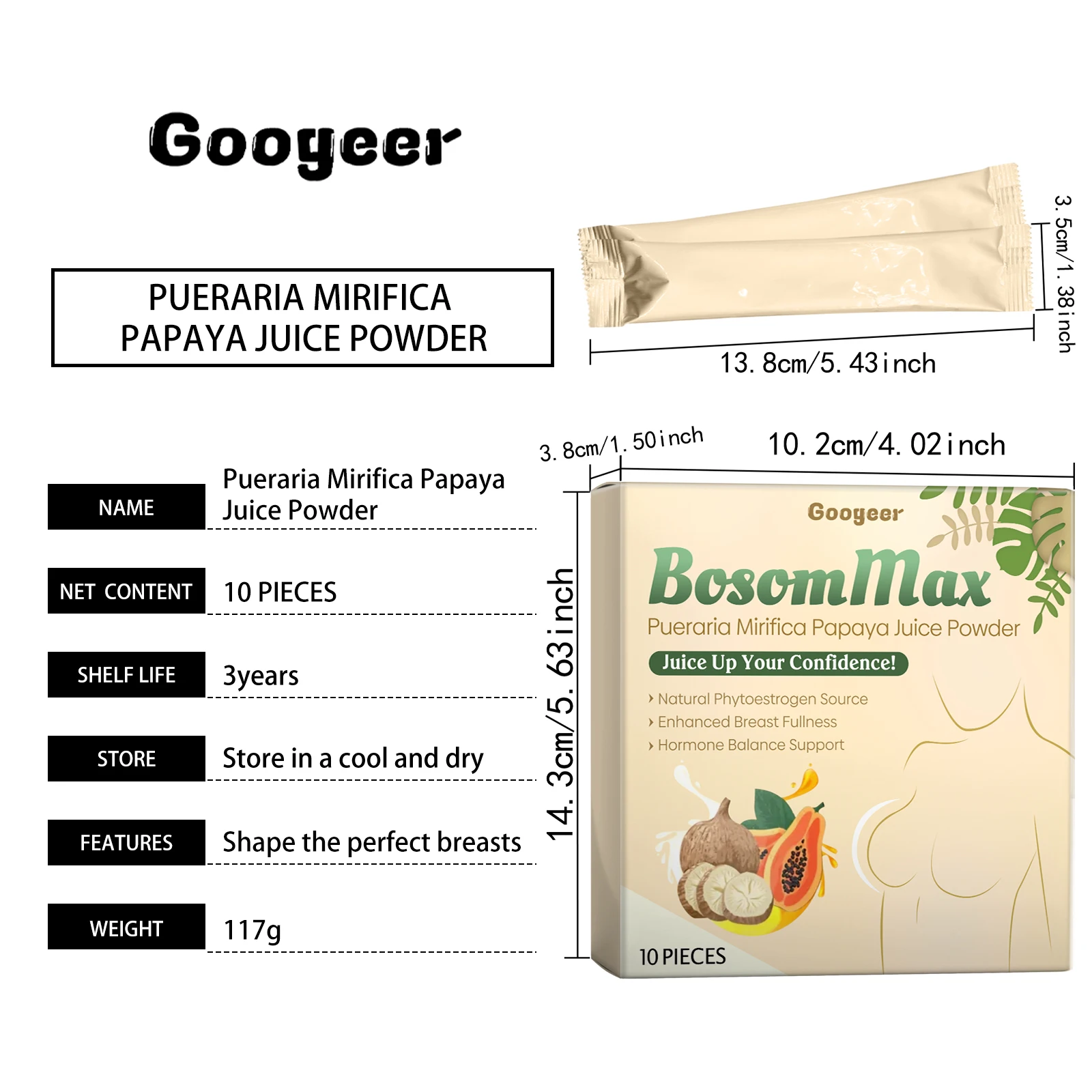 Googeer 10 шт. Pueraria Mirifica Papaya Juice Powder для увеличения груди, против провисания, для коррекции фигуры тела, красивая пудра для груди