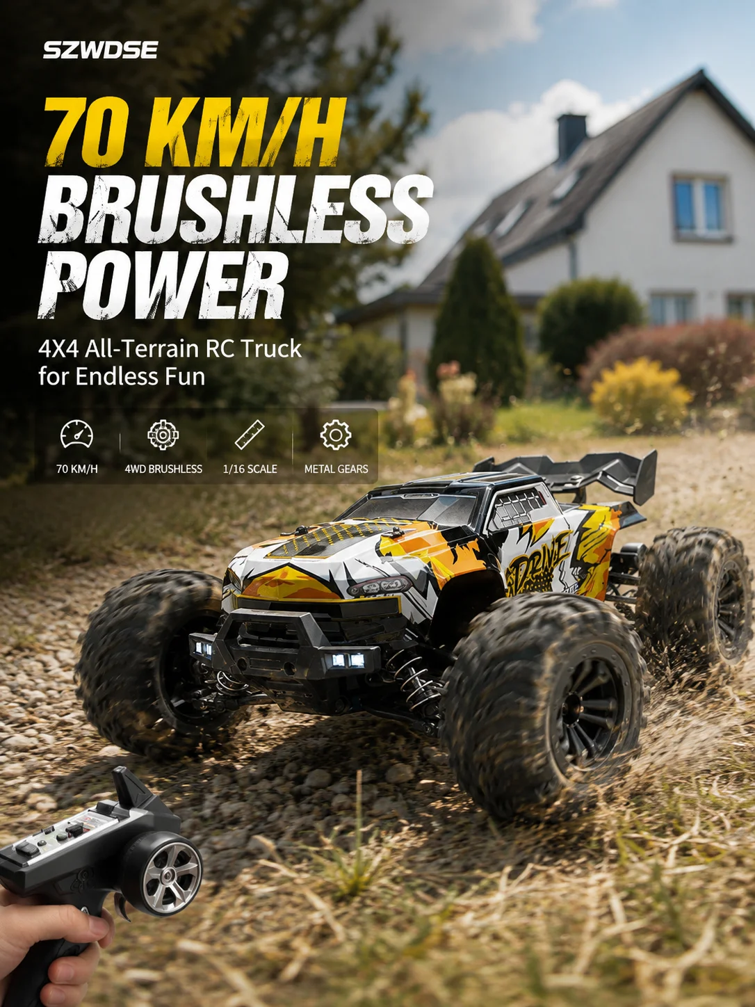Samochód RC zdalnie sterowany 1:16 4x4 bezszczotkowy 70 km/h, terenowy Monster Truck 2,4 GHz z reflektorami LED i oświetleniem podwozia, szybkie auto RC dla dorosłych i młodzieży 14+, prezent — 2