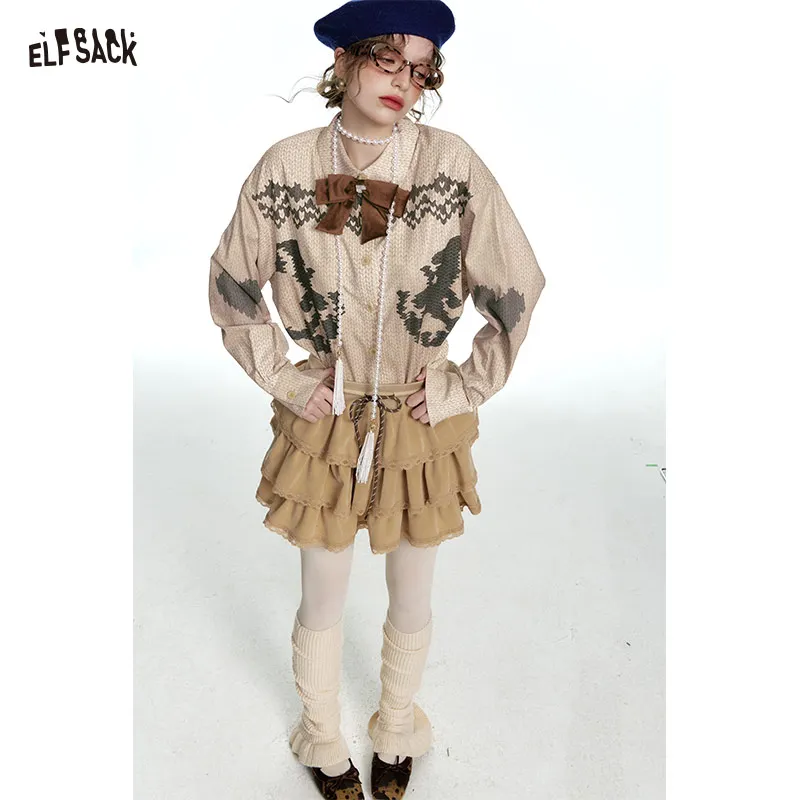 ELFSACK 2024 Winter New Arrivals Retro Preppy Style Detachable Bow Original Printed Shirt for Women