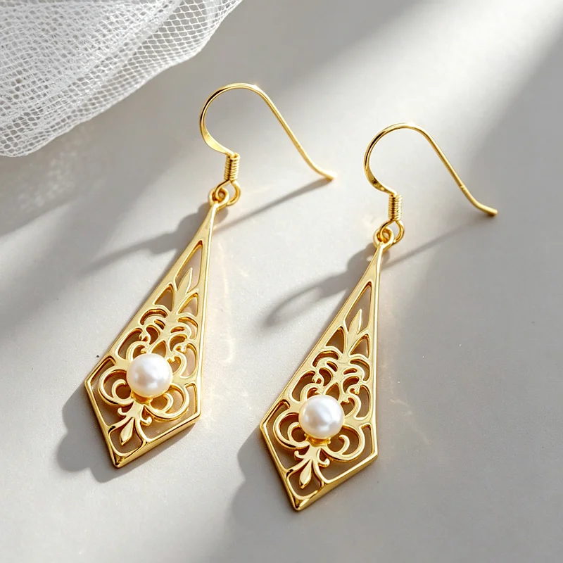 925 Sterling Silver Earrings Natural Pearl Vintage Filigree Rhombus Drop Dangle 24K Gold Plated Earrings Face Slimming for Women